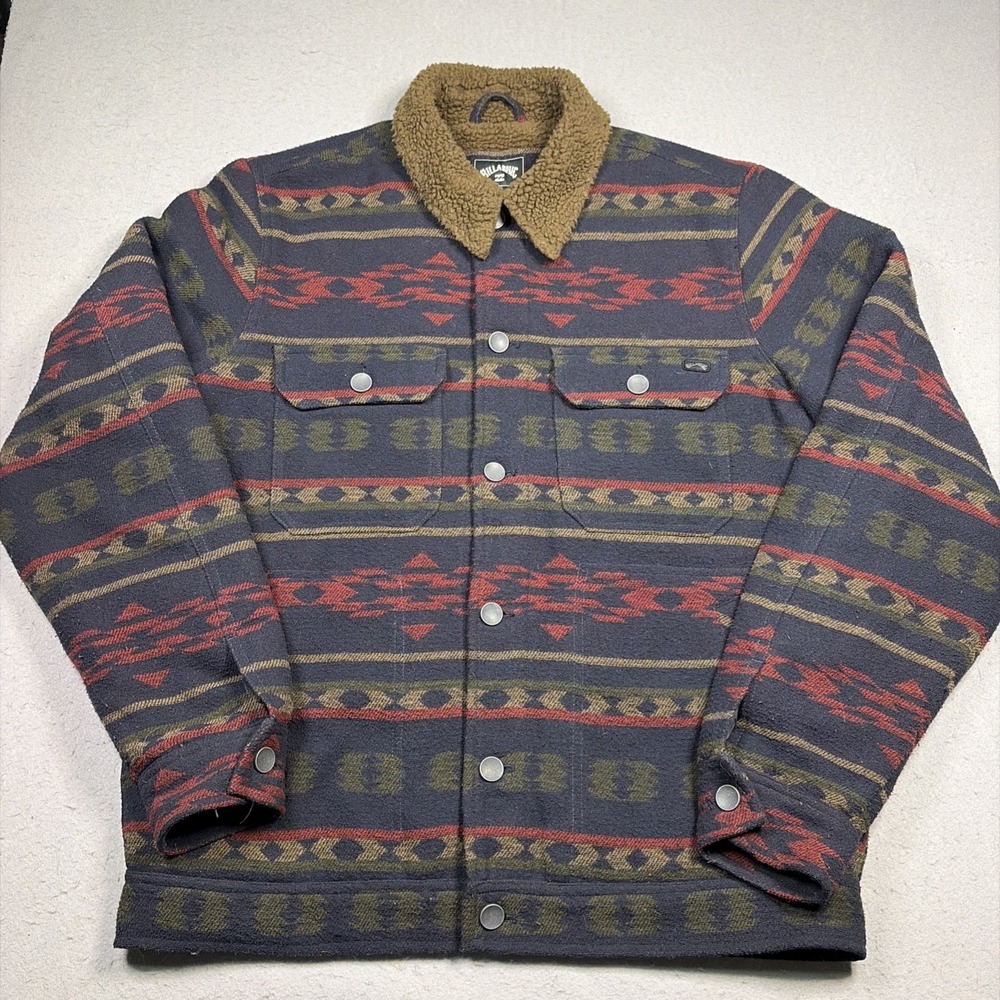 Billabong Jacket Mens Large Aztec Sherpa Lined Collar button Bomber Pockets
